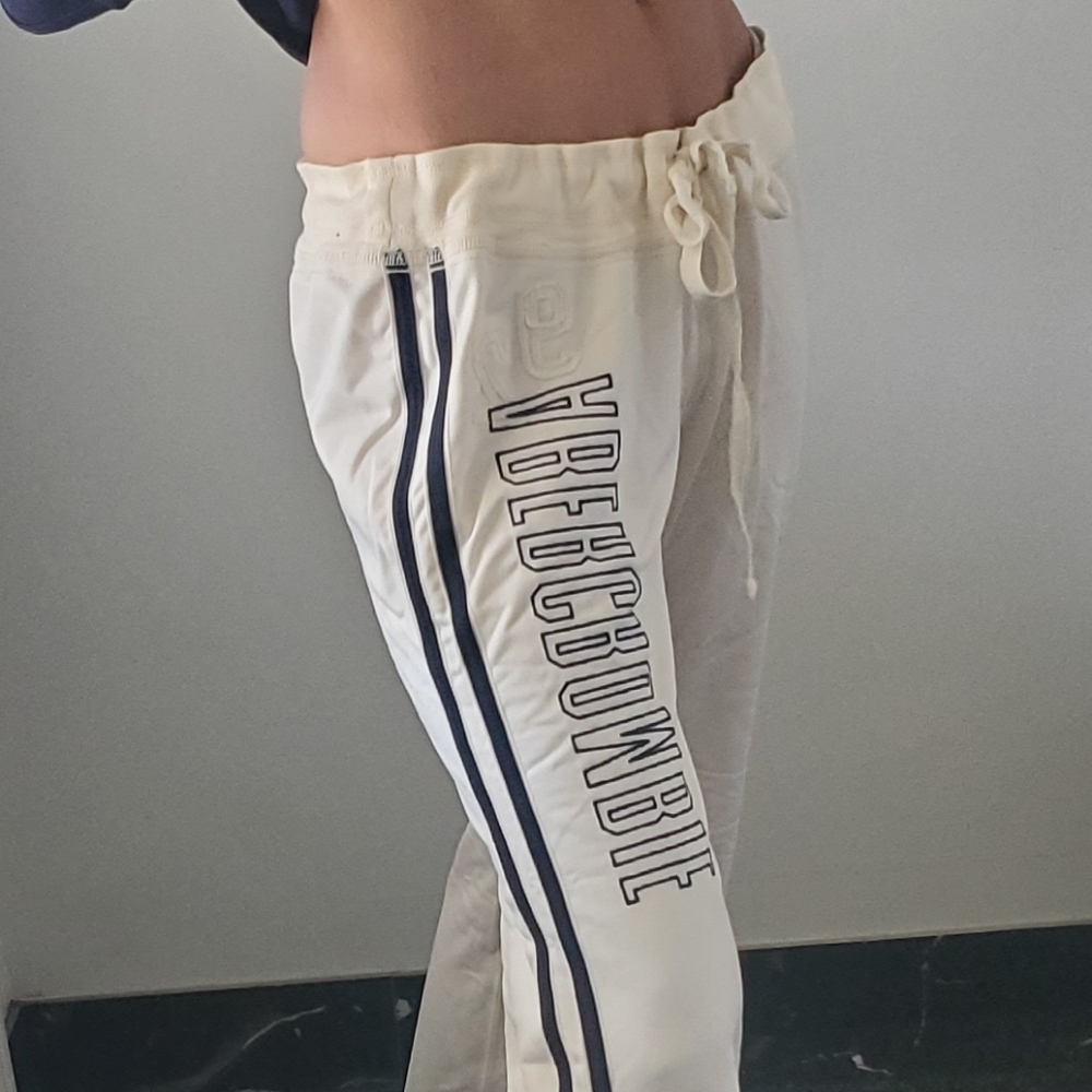 90s Abercrombie & Fitch Cream Wide Leg Track Pants Sweatpants M - Picture 4 of 11